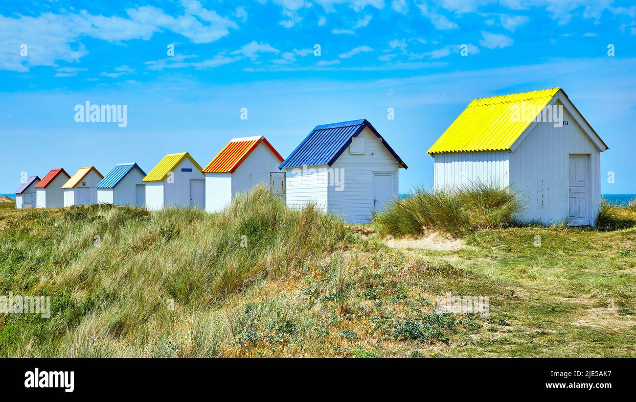 Image of beach huts at Gouville sand dunes, France. Selective focus. Stock Photo
