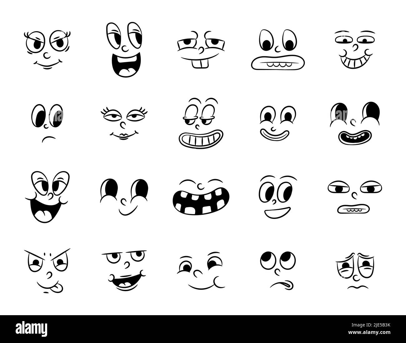 Collection of old retro traditional cartoon animation. Vintage faces of people with different emotions of the 20s 30s. Emoji character expressions 50s Stock Vector