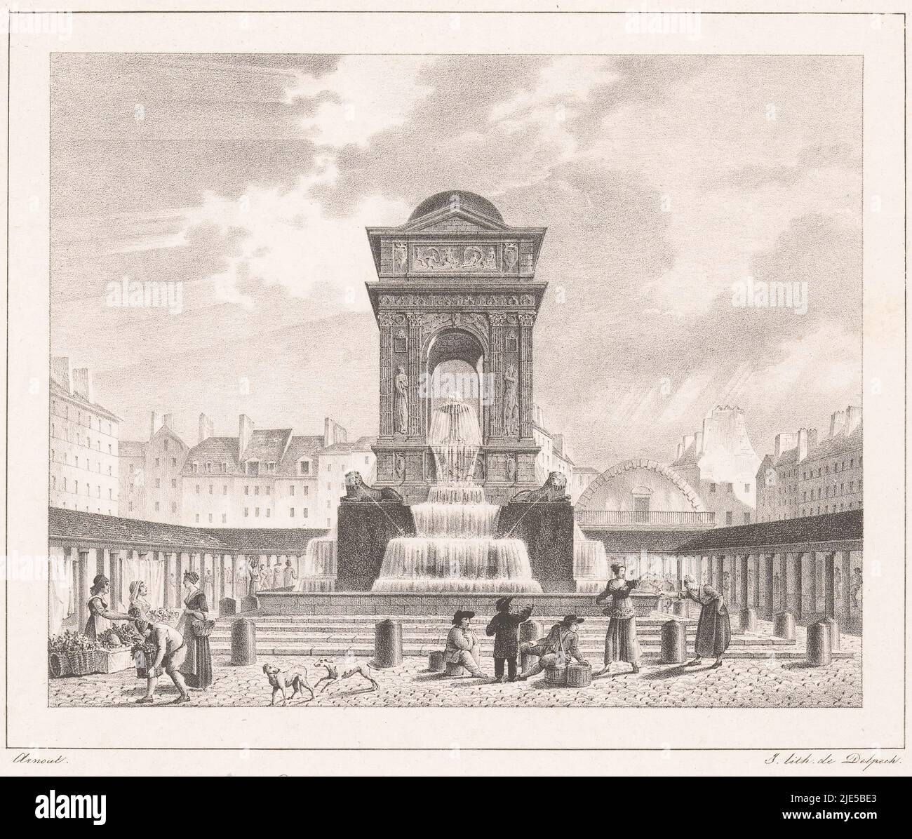 In the foreground, marketers sell their wares. The fountain stands in the middle of the covered market halls on the Place du Marché des Innocents, View of the Fontaine des Innocents in Paris Vue de la fontaine des Innocents à Paris, Small faces of Paris (title series)., print maker: Jean Baptiste Arnout, (mentioned on object), printer: François Séraphin Delpech, (mentioned on object), Paris, 1820 - 1821, paper, h 245 mm - w 318 mm Stock Photo