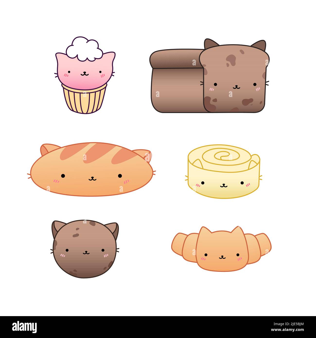 Set of cute desserts and loaves of bread in kid cartoon Stock Vector