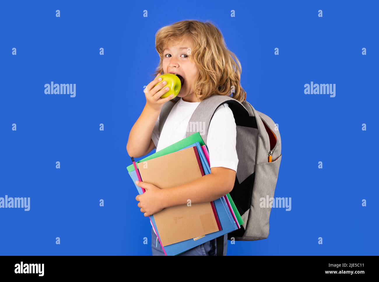 Back to school. Schoolboy with school bag hold book and copybook ready to learn. School children