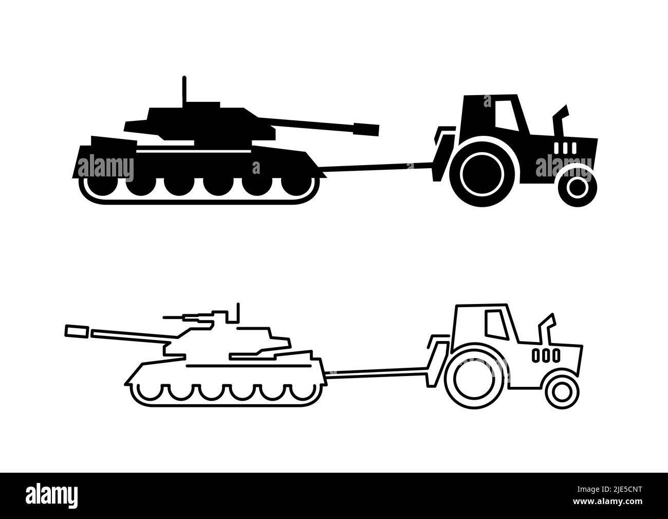 tractor pulls tank silhouette on white background Stock Vector