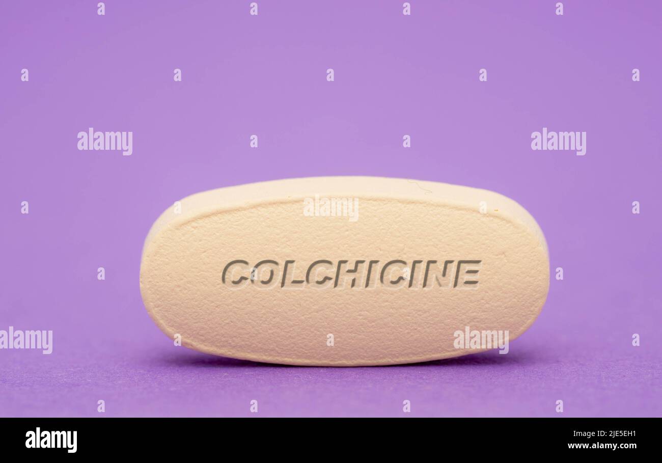Colchicine Pharmaceutical medicine pills  tablet  Copy space. Medical concepts. Stock Photo