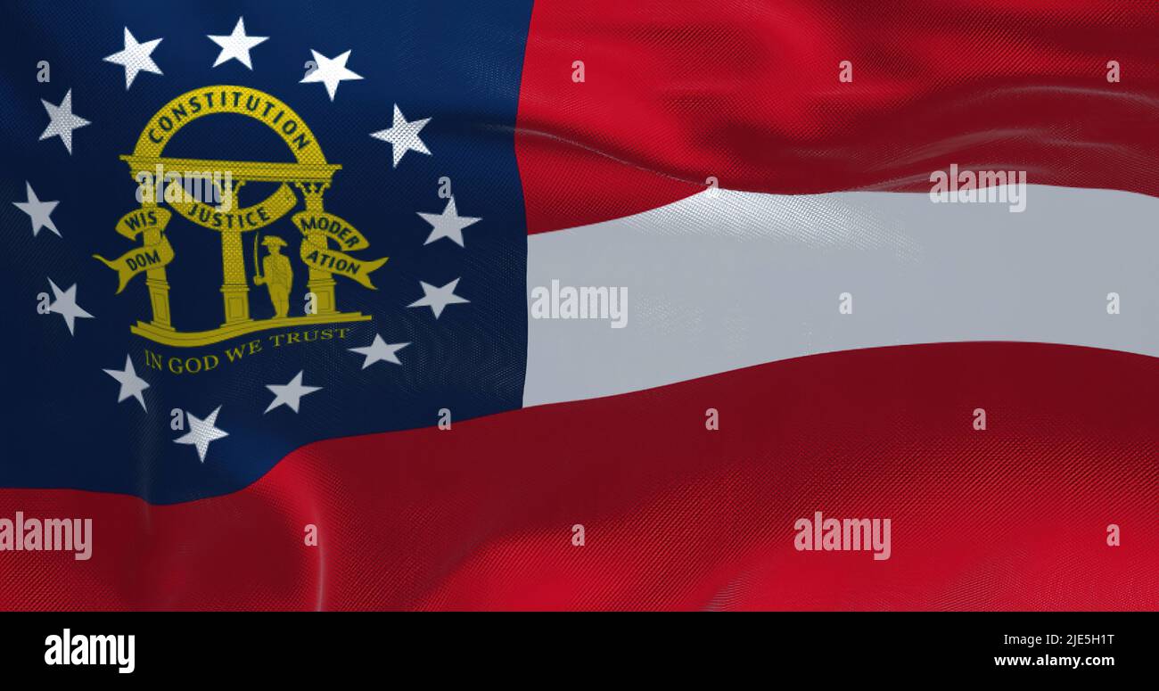 Close up of the state flag of Georgia waving in the wind. Georgia is a state in the Southeastern region of the United States. Democracy and independen Stock Photo