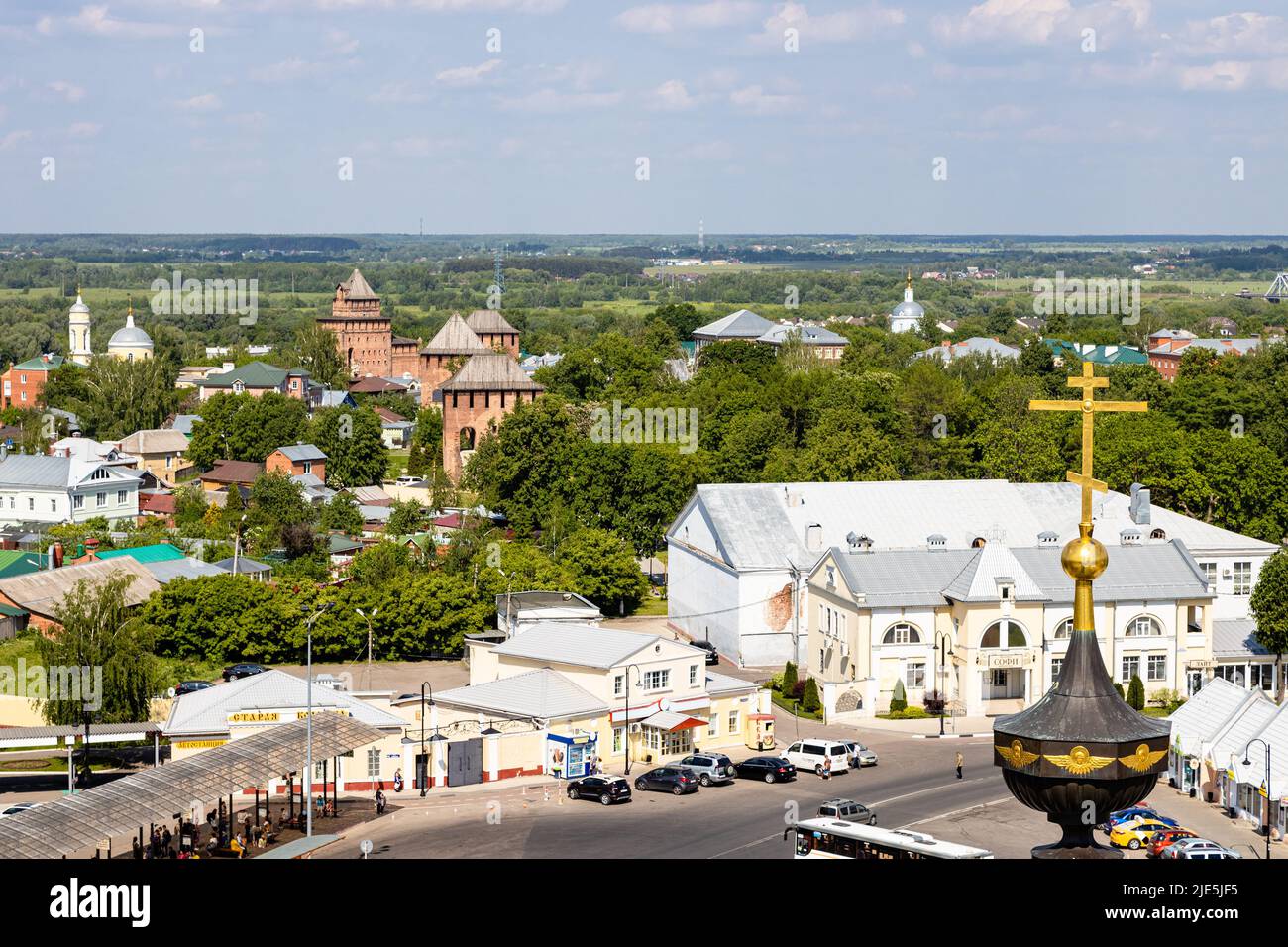 Kolomna, Russia - June 10, 2022: above view of bus station Staraya Kolomna and Kremlin Towers in Old Kolomna city on summer day from bell tower Church Stock Photo