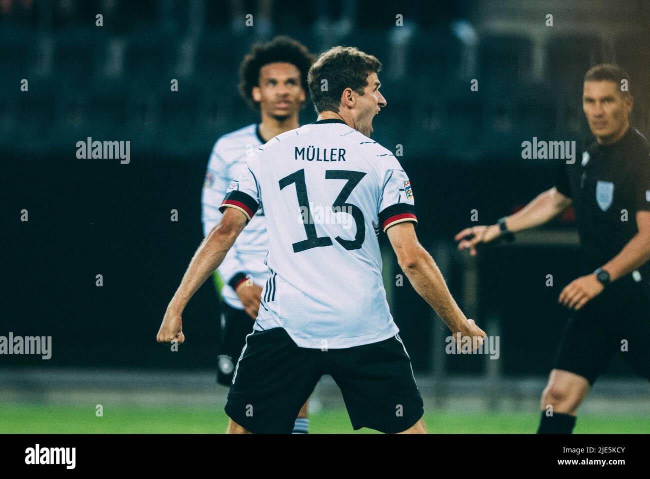 Mönchengladbach, Borussia-Park, 14.06.22: Thomas Mueller (Germany) schiesst ein Tor und jubelt beim Länderspiel zwischen Deutschland vs. Italien.  Fot Stock Photo