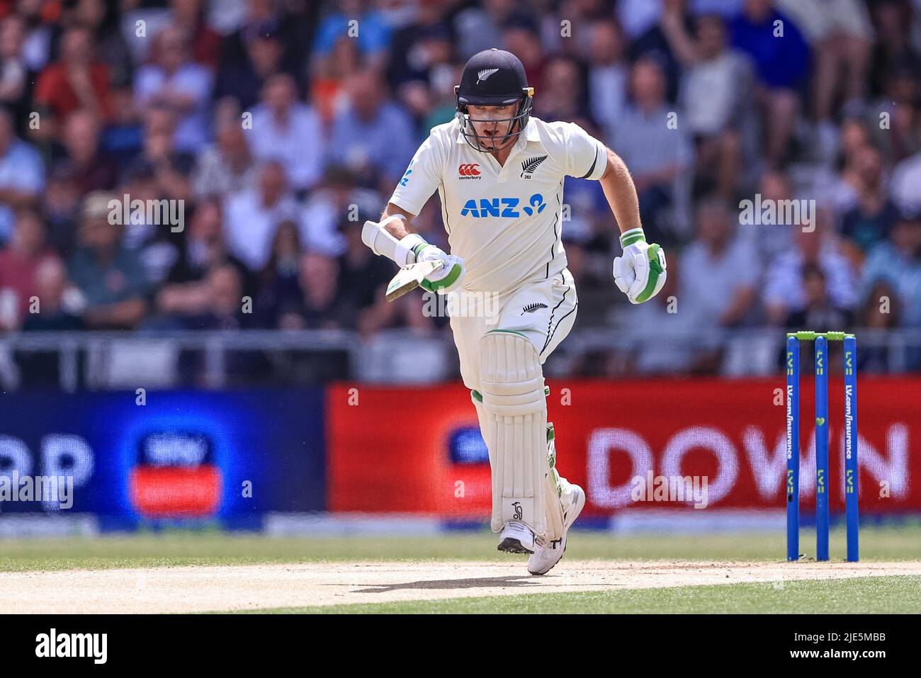 Leeds, UK. 25th June, 2022. Tom Latham of New Zealand makes one run in Leeds, United Kingdom on 6/25/2022. (Photo by Mark Cosgrove/News Images/Sipa USA) Credit: Sipa USA/Alamy Live News Stock Photo