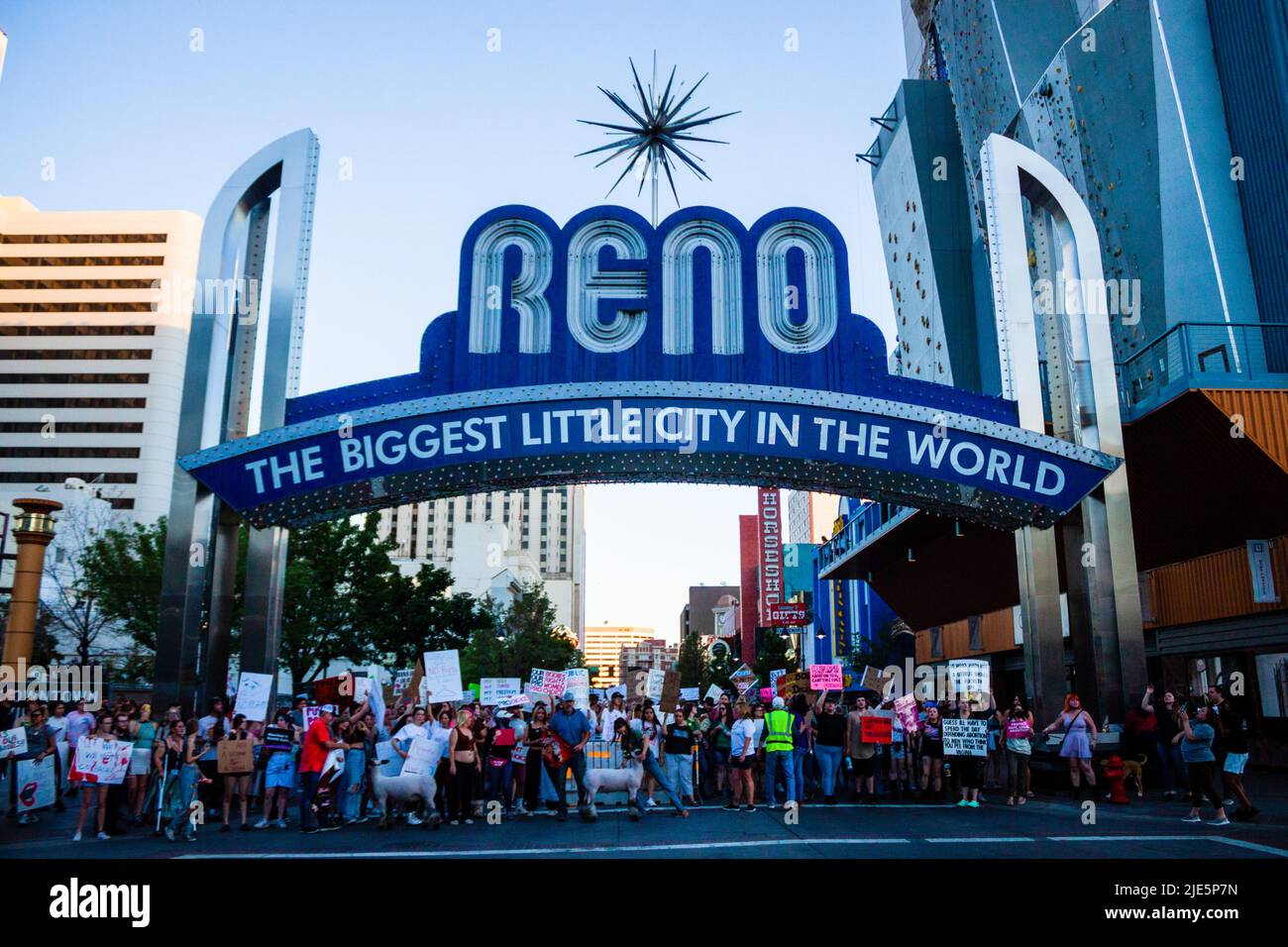 Reno, United States. 24th June, 2022. Protesters with placards expressing their opinion gather under a Reno sign during Scotus protest. Protestors gather after SCOTUS over turned Roe v. Wade. Credit: SOPA Images Limited/Alamy Live News Stock Photo