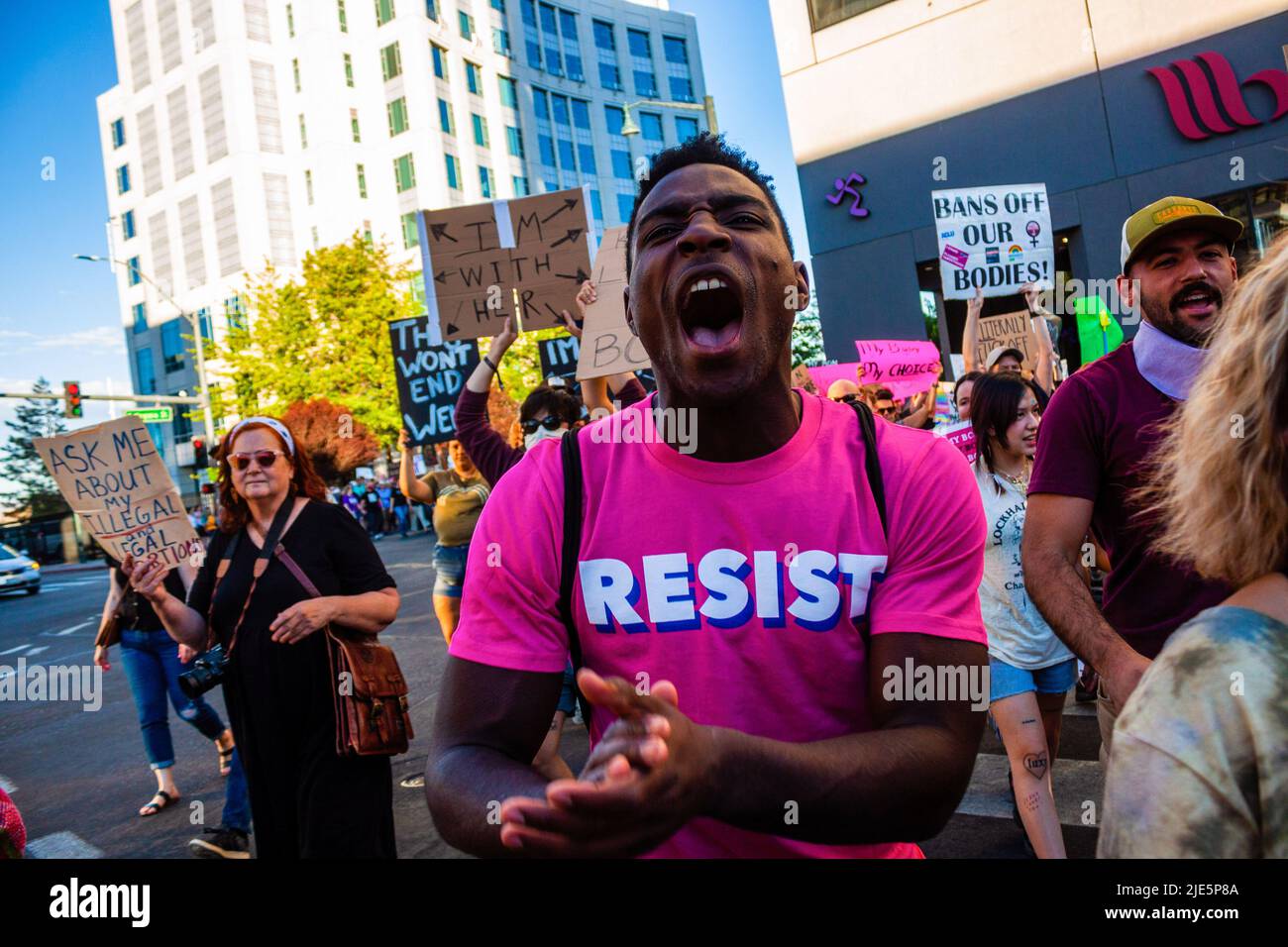 Reno, United States. 24th June, 2022. A protester chants slogans while marching though the streets during Scotus protest. Protestors gather after SCOTUS over turned Roe v. Wade. Credit: SOPA Images Limited/Alamy Live News Stock Photo