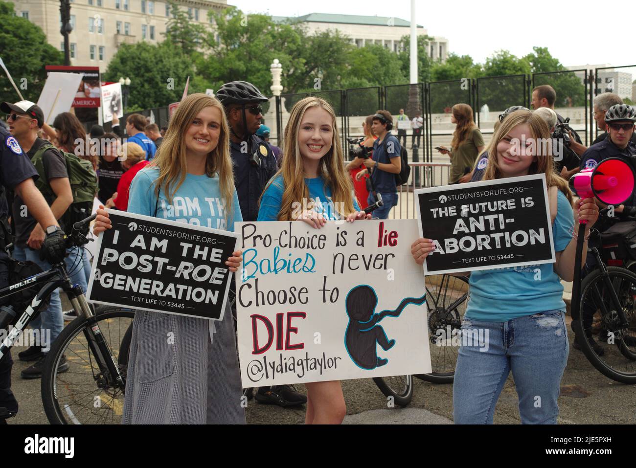 Protesters on both sides of the abortion debate gathered at the U.S. Supreme Court as they overturned Roe v. Wade on 24 June 2022. Stock Photo