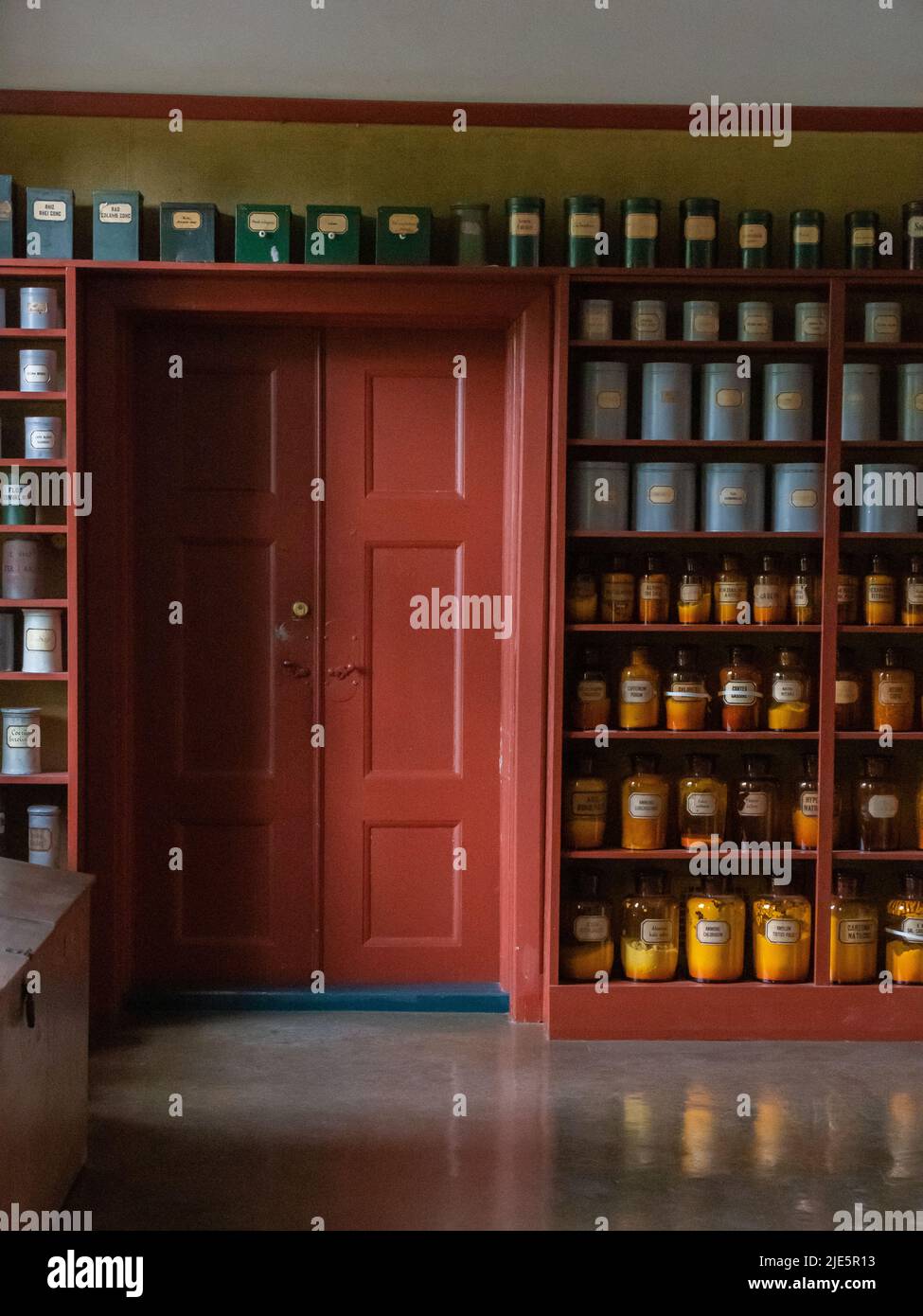 Jars lined up on the shelves of the apothecary at The Norwegian Museum of Cultural History in Oslo. Stock Photo