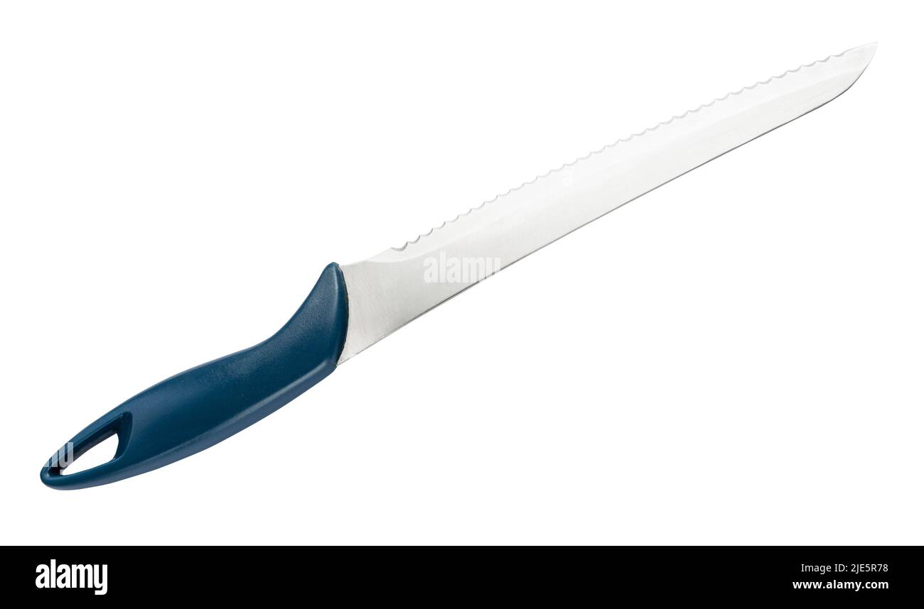 bread knife with blue handle isolated on white background Stock Photo