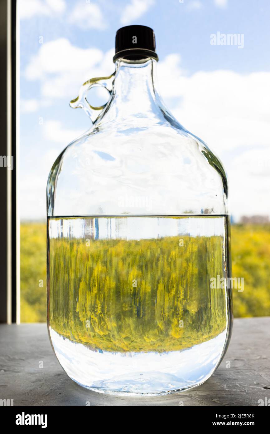 five-liter glass bottle with alcohol on concrete window sill and white clouds in blue sky over forest on background Stock Photo