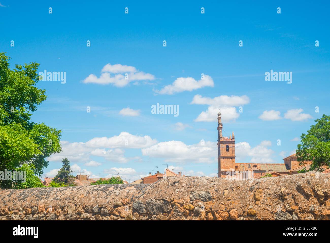 Santa Maria church viewed from a wall. Ayllon, Segovia province, Castilla Leon, Spain. Stock Photo
