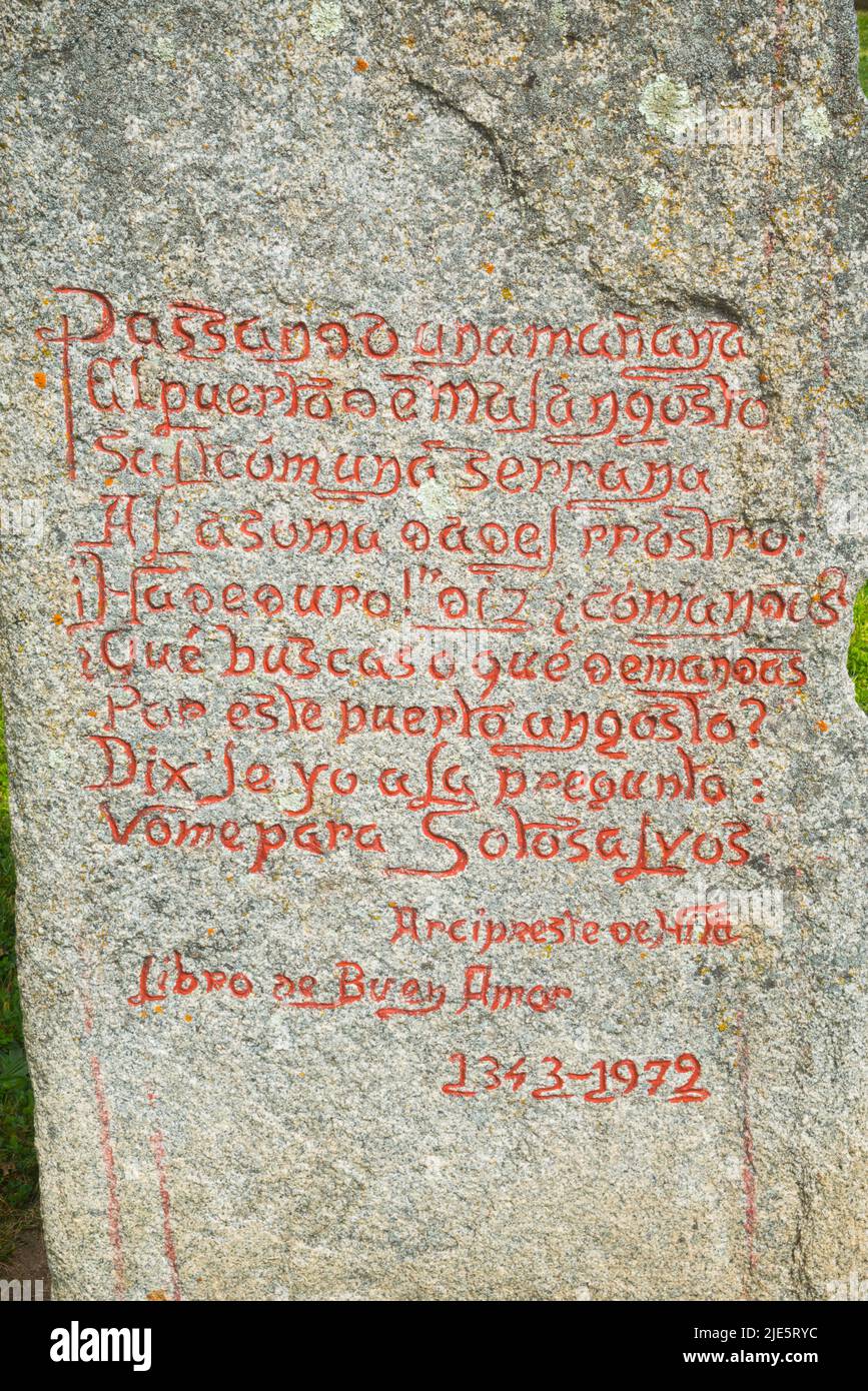 Libro de Buen Amor text, by Arcipreste de HIta, written on a stone. Sotosalbos, Segovia province, Castilla Leon, Spain. Stock Photo