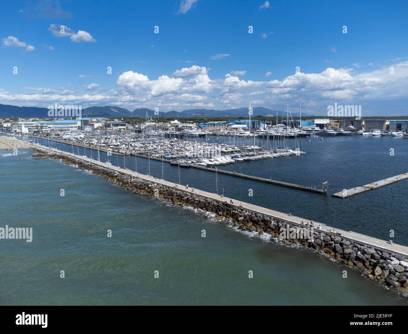 Drone view of pier and marina at Viareggio, Italy. Stock Photo