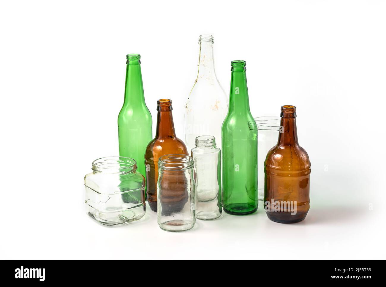 Glass ready to recycle, isolated on white background. A collection of