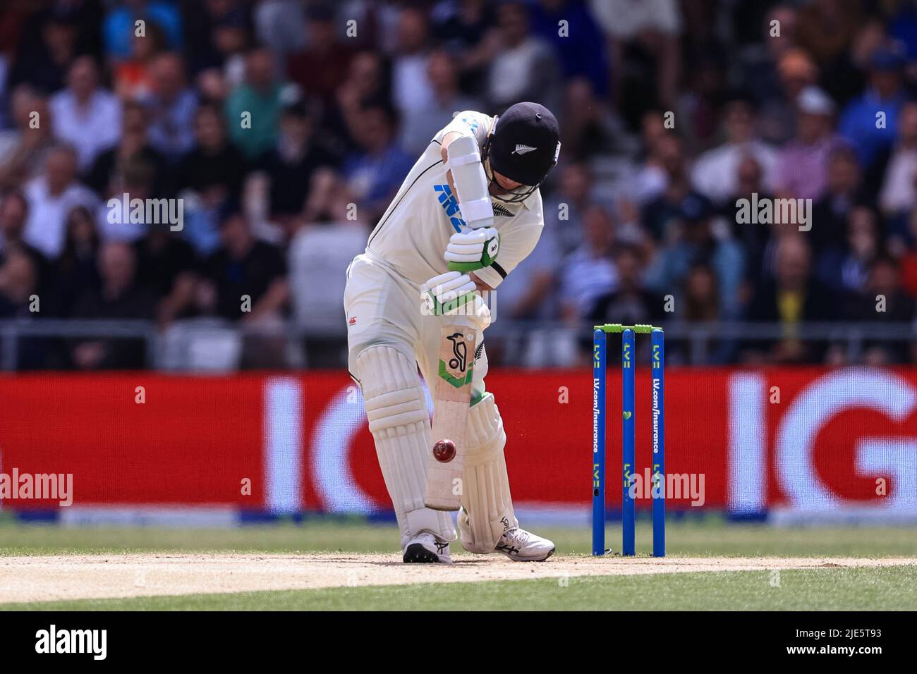 Tom Latham of New Zealand hit a half volley for a four  in Leeds, United Kingdom on 6/25/2022. (Photo by Mark Cosgrove/News Images/Sipa USA) Stock Photo
