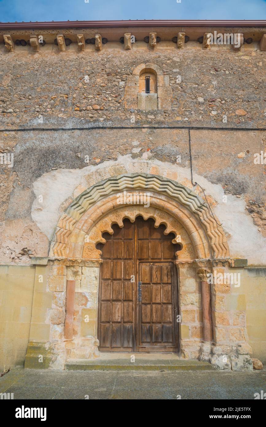 Facade of the church. El Olmo, Segovia province, Castilla Leon, Spain. Stock Photo