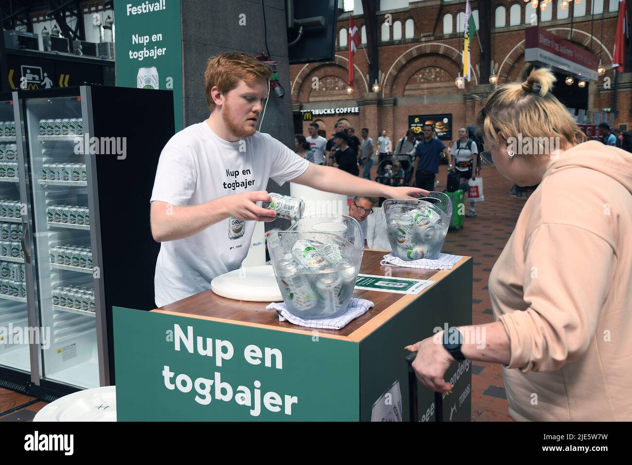 Copenhagen /Denmark/25 June 2022/Tubrg beer can with commercial Roskild  music festival free beer distructe to people to just mmake point about  Roskild festival 2022 in Roskild town in Denmark. (Photo..Francis Joseph  Dean/Dean