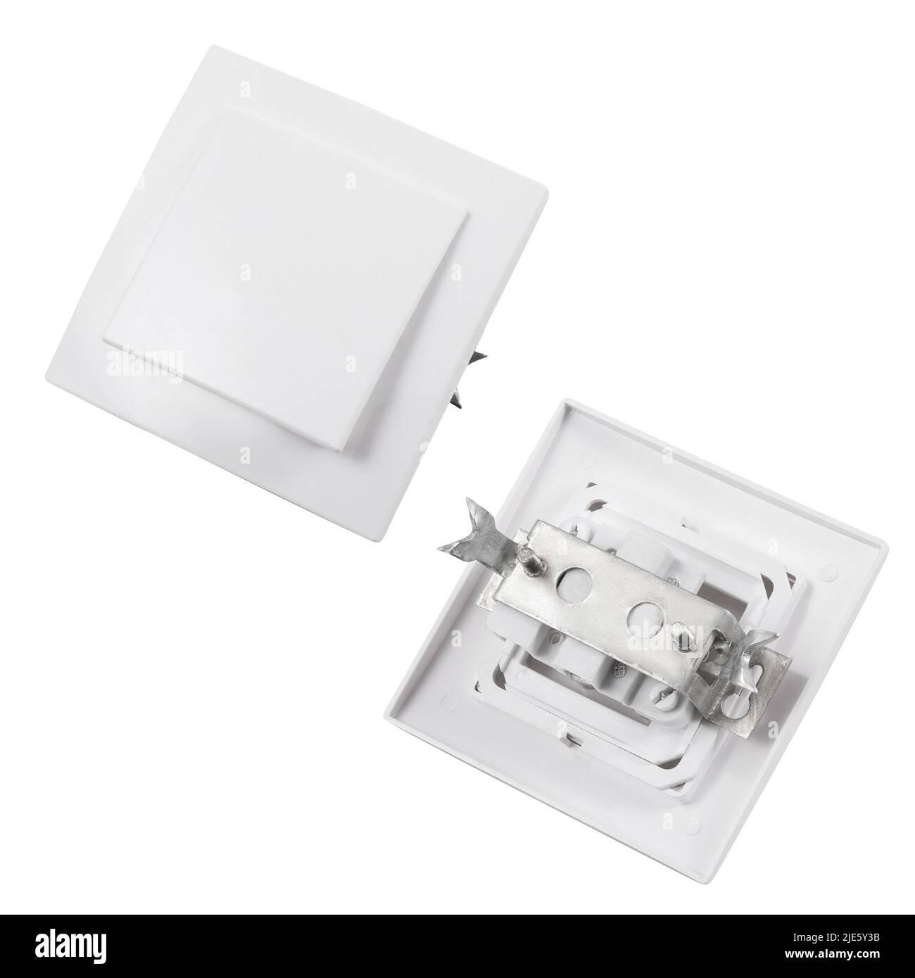 Built-in light switch with 1 key isolated on a white background. Photograph of the switch front and back. Stock Photo