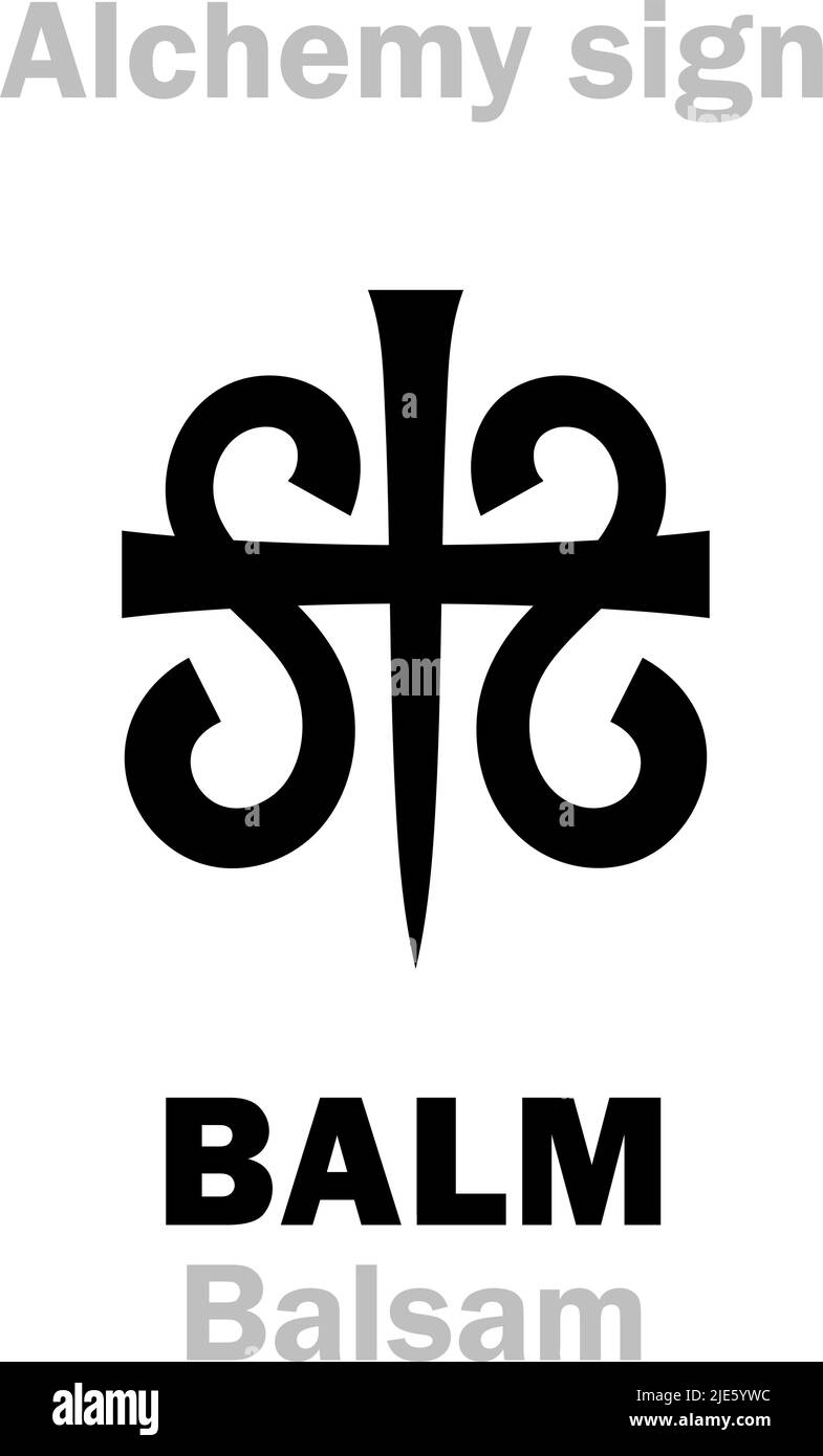 Alchemy Alphabet: BALM (Balsam) — Aroma Liquor, essential oil medicine, pain reliever. Universal Remedy, Cure-All diseases & prolong Life. The Elixir. Stock Vector