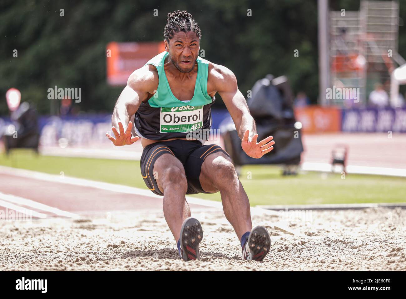 APELDOORN, NETHERLANDS - JUNE 25: Ranki Oberoi of The Netherlands competing in the Men's Long jump of the ASICS NK Atletiek 2022 - Day 2 at AV '34 on June 25, 2022 in Apeldoorn, Netherlands. (Photo by Peter Lous/Orange Pictures) Stock Photo