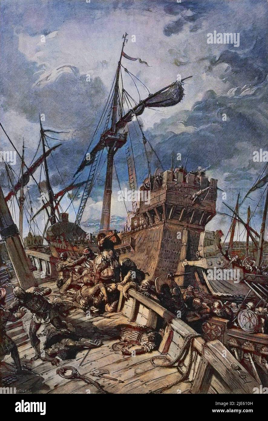The naval Battle of Ostia  - 'La bataille d'Ostie' Les troupes du pape Leon IV (847-855) sont victorieux des Sarrasins lors de la bataille navale d'Ostia. Bataille d'Ostie en 849 entre les pirates sarrasins et une flotte italienne alliee, composee de navires des etats pontificaux, des duches Amalfi, de Naples et de Gaeta. Stock Photo