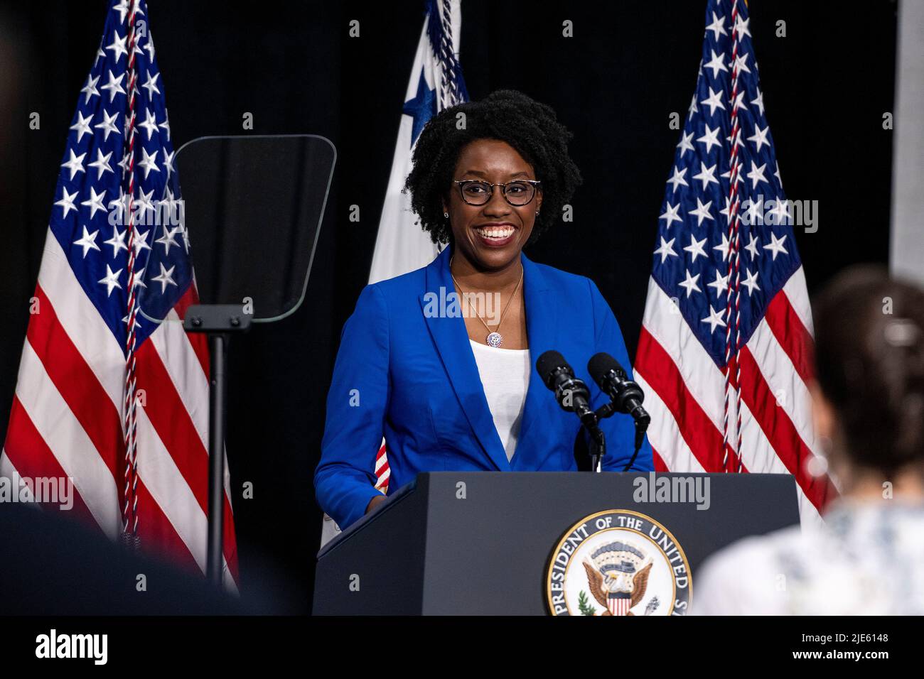 United States Representative Lauren Underwood (Democrat of Illinois) speaks about maternal health care at an event with US Vice President Kamala Harris at the C.W. Avery Family YMCA on Friday June 24, 2022 in Plainfield, Illinois.Credit: Christopher Dilts/ Pool via CNP /MediaPunch Stock Photo