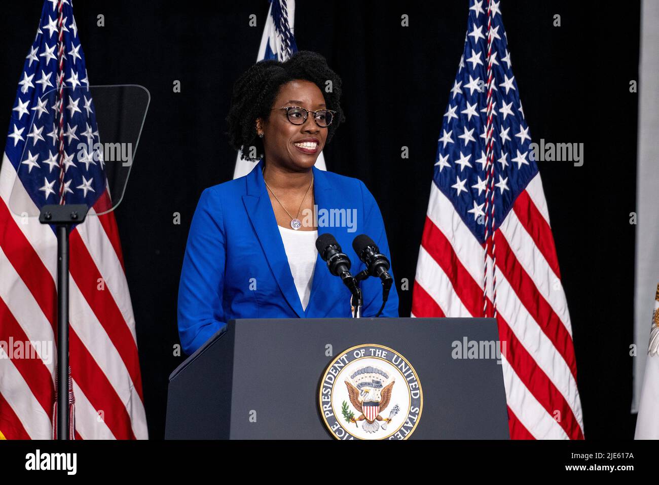 United States Representative Lauren Underwood (Democrat of Illinois) speaks about maternal health care at an event with US Vice President Kamala Harris at the C.W. Avery Family YMCA on Friday June 24, 2022 in Plainfield, Illinois.Credit: Christopher Dilts/ Pool via CNP /MediaPunch Stock Photo
