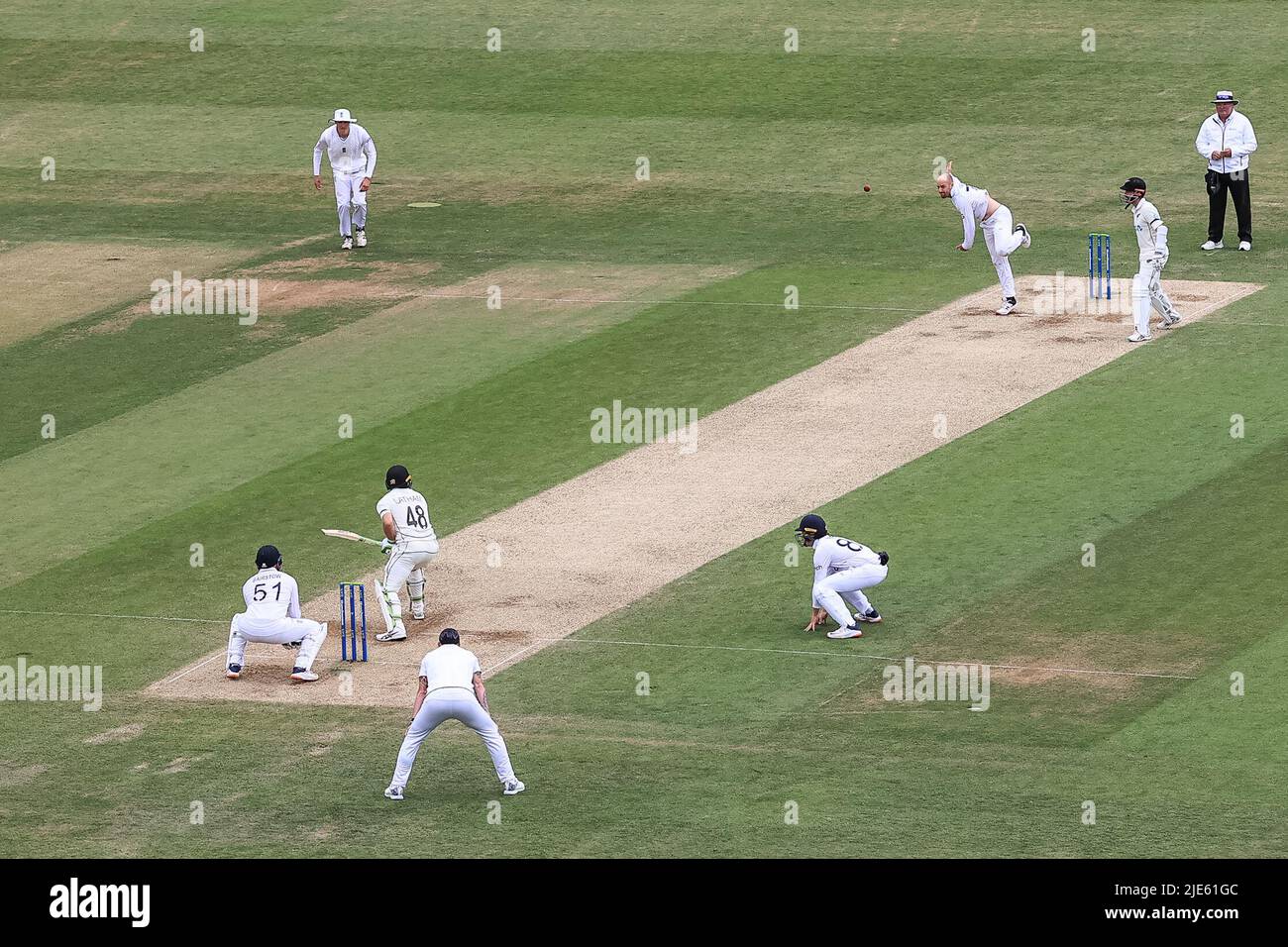 Leeds, UK. 25th June, 2022. Jack Leach of England delivers the ball to Tom Latham of New Zealand in Leeds, United Kingdom on 6/25/2022. (Photo by Mark Cosgrove/News Images/Sipa USA) Credit: Sipa USA/Alamy Live News Stock Photo