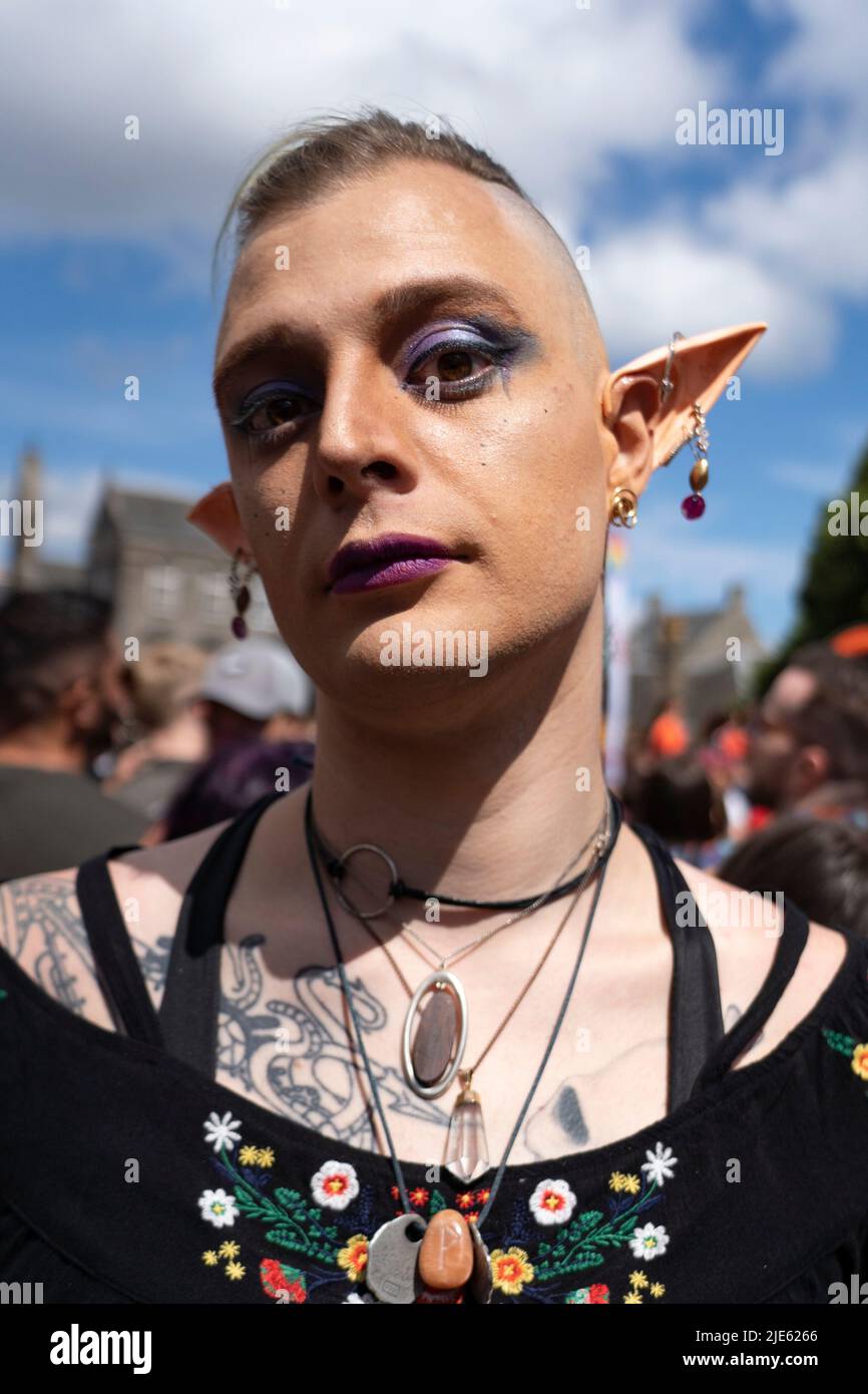 Edinburgh, Scotland, UK. 25 June 2022.  The annual Pride Edinburgh march taking place in city centre of Edinburgh today.  Thousands of people met at the Scottish Parliament at Holyrood before marching through the Old Town to rally at Bristo Square. Iain Masterton/Alamy Live News Stock Photo