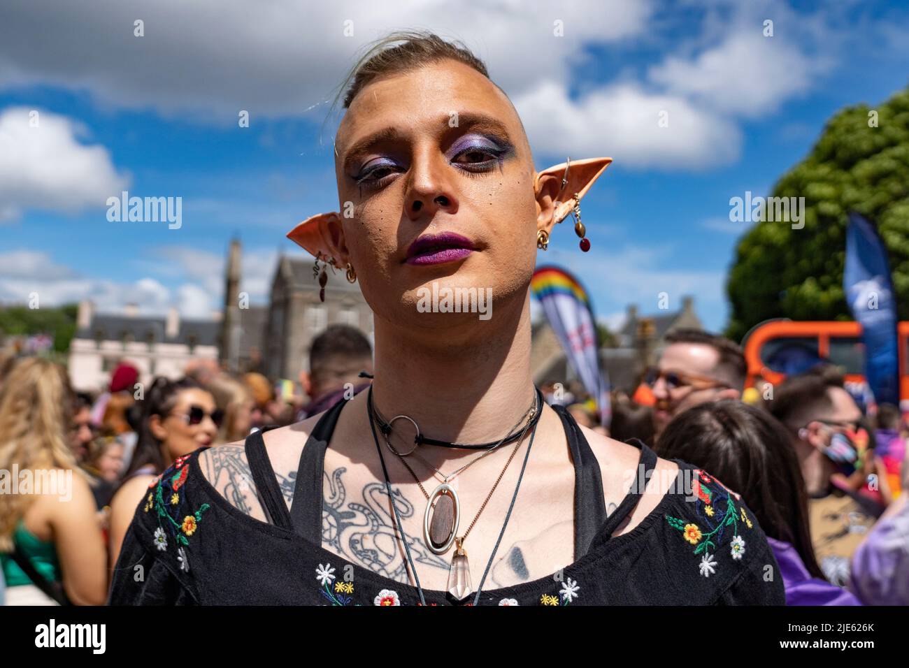 Edinburgh, Scotland, UK. 25 June 2022.  The annual Pride Edinburgh march taking place in city centre of Edinburgh today.  Thousands of people met at the Scottish Parliament at Holyrood before marching through the Old Town to rally at Bristo Square. Iain Masterton/Alamy Live News Stock Photo