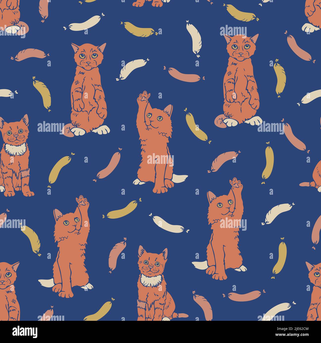 Vector seamless pattern with ginger kittens and sausages. Funny hand drawn design with cats. Stock Vector