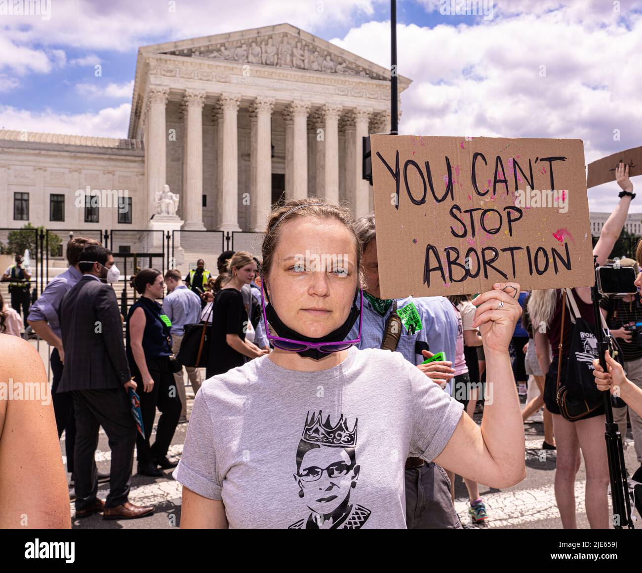 Washington, United States Of America. 24th June, 2022. 'You can't stop abortion' reads the sign. Demonstrators assembled in front of the U.S. Supreme Court in Washington, DC on June 24, 2022 after it announced that it had eliminated the constitutional right to an abortion, overruling the 1973 Roe v. Wade decision, thereby leaving the question of abortion up to the states. (Photo by Jeff Malet). Photo via Credit: Newscom/Alamy Live News Stock Photo