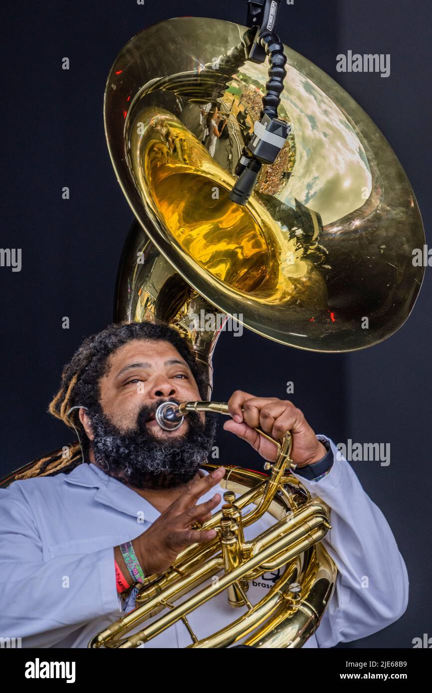 Glastonbury, UK. 25th June, 2022. Brass Against a NYC brass collective