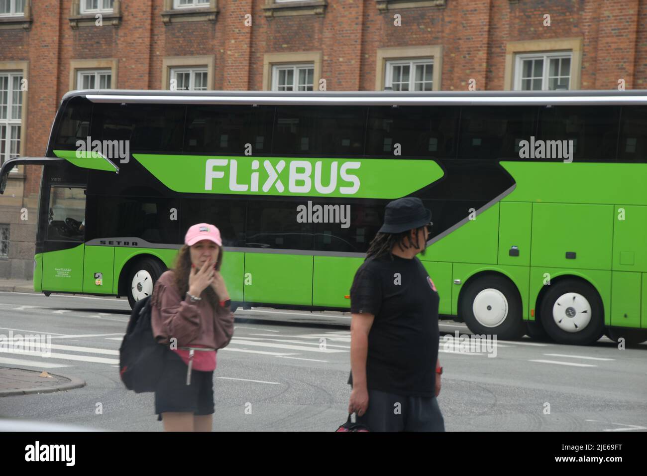 Copenhagen /Denmark/25 June 2022/Flixbus green bus long istance route ...