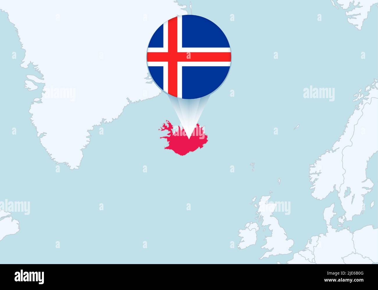 Europe with selected Iceland map and Iceland flag icon. Vector map and flag. Stock Vector