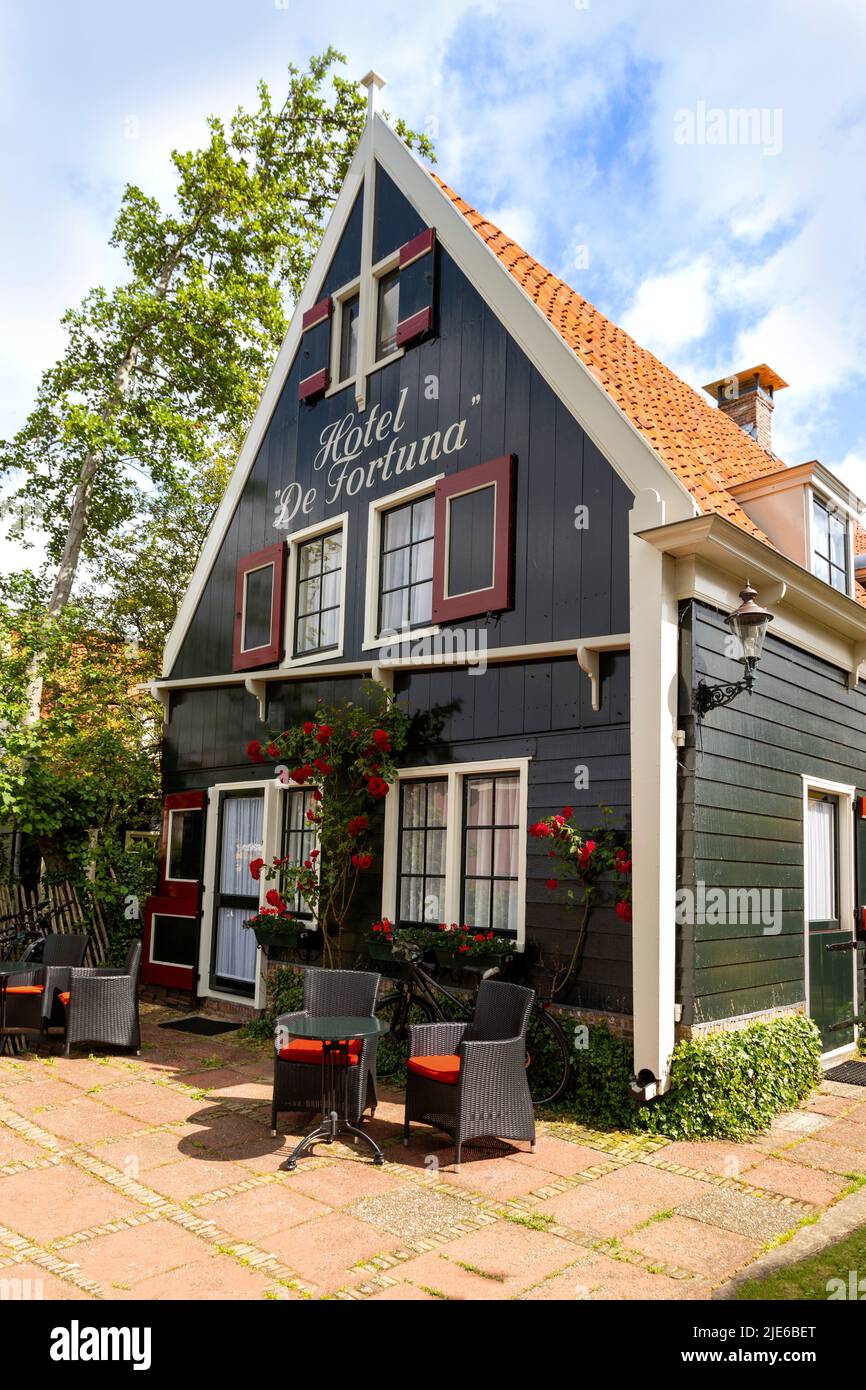 Guest accommodation of Hotel and restaurant, called De Fortuna, a local landmark in the historic center of Edam, North Holland, The Netherlands. Stock Photo