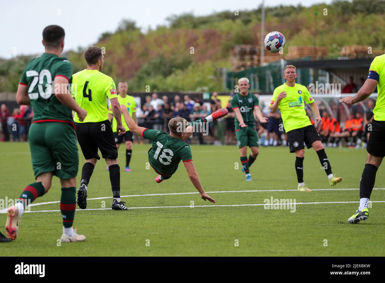 Worksop, UK. 25th June, 2022. Isaac Christie-Davies #18 of Barnsley with an overhead kick effort on goal goes wide in Worksop, United Kingdom on 6/25/2022. (Photo by James Heaton/News Images/Sipa USA) Credit: Sipa USA/Alamy Live News Stock Photo