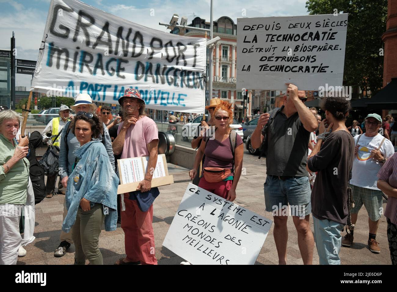 Demonstrators with banner against extension of the harbor of Port-la-Nouvelle, and against technocracy. A regional demonstration took place in Toulouse (France) on June 25, 2022, to protest against major development projects in the Occitanie region. Extension of the harbor at Port-la-Nouvelle, Toulouse-Castres motorway, TERRA2 in the Tarn, reopening of mines, industrial wind turbines, deployment of 5G... are all GPII (Useless and Imposed Large Projects) opposed by a part of the local population. Photo by Patrick Batard / ABACAPRESS.COM Stock Photo