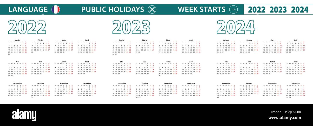 Simple calendar template in French for 2022, 2023, 2024 years. Week starts from Monday. Vector illustration. Stock Vector