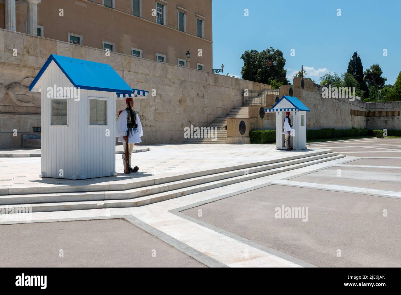Evezones outside the Presidential mansion in Athens. This is the uniform reserved for Sundays. Stock Photo