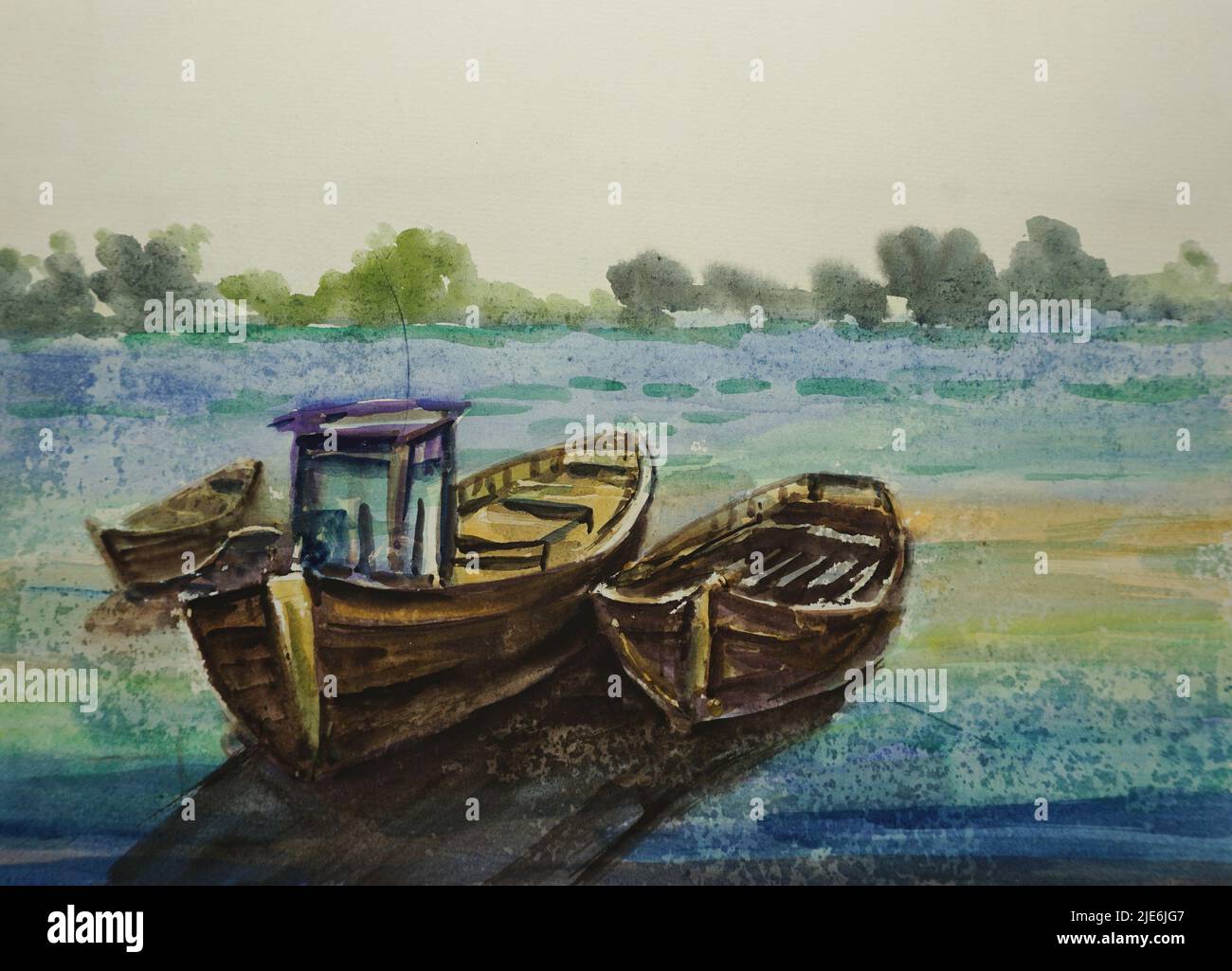 A Fishing Boat Laying the Nets.  Boat art, Boat painting, Watercolor boat