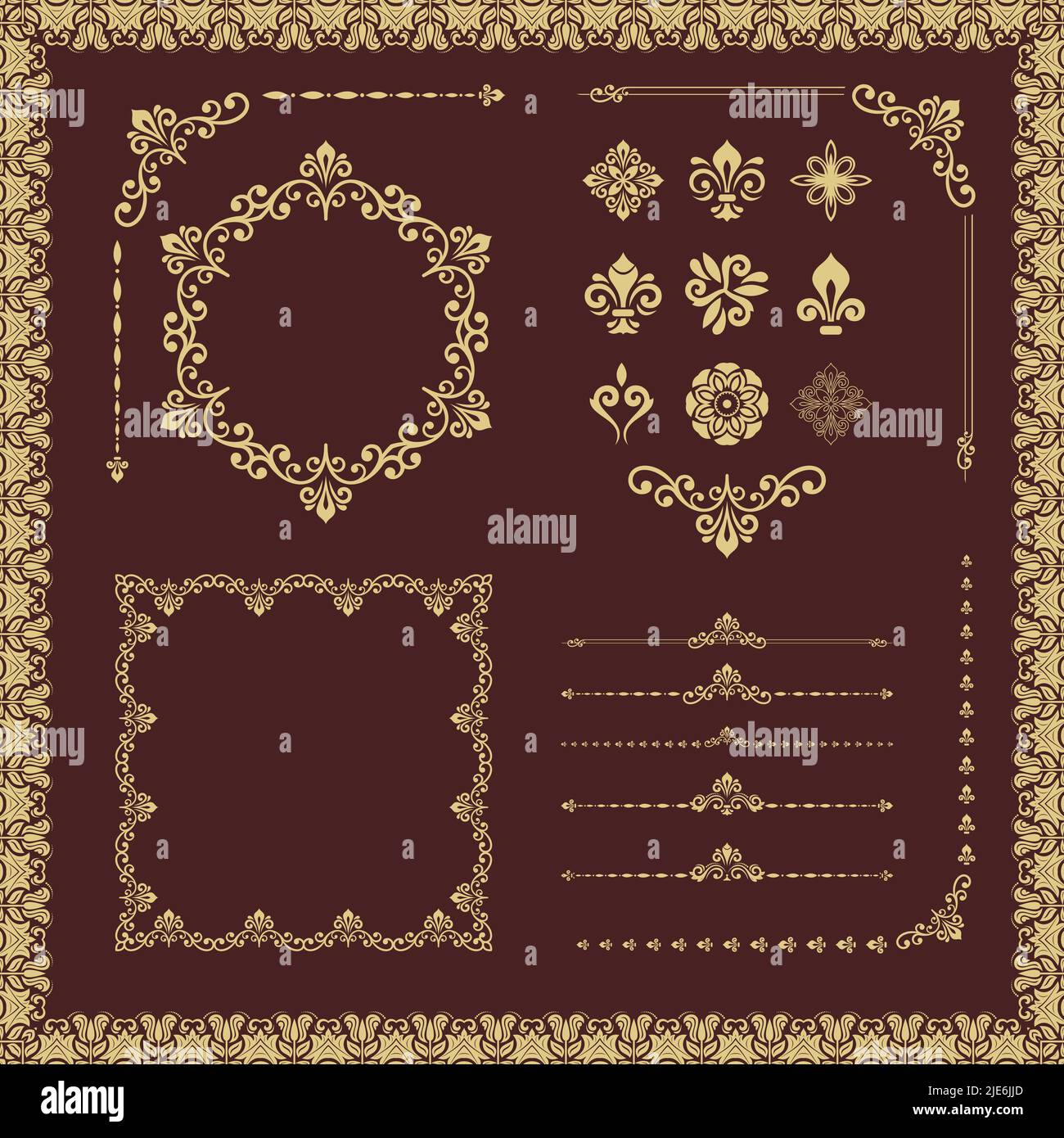 Vintage set of golden horizontal, square and round elements. Different ...