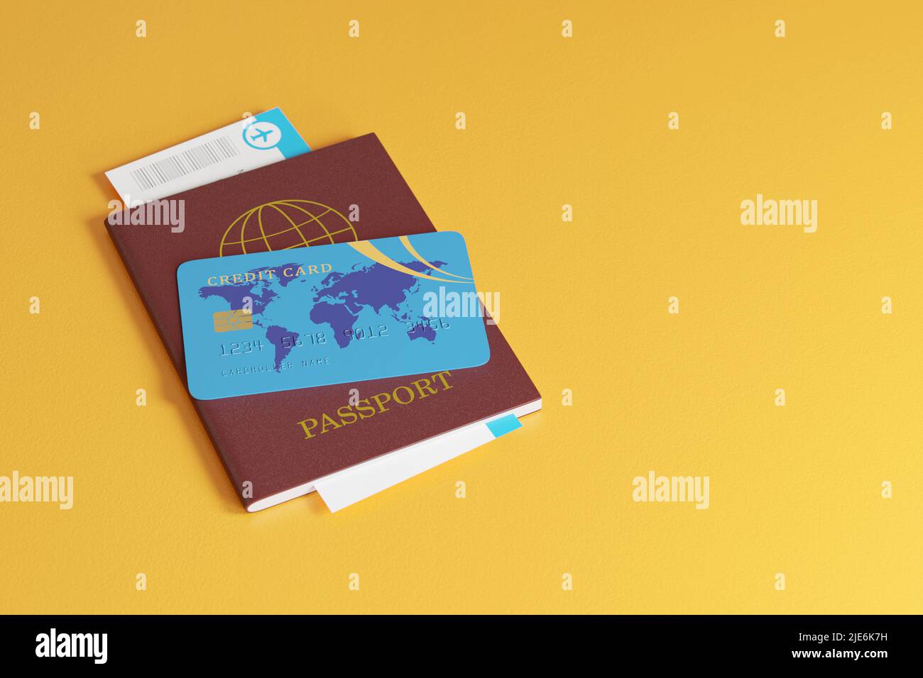 Close up of credit card, passport and plane ticket with copy space. Travel concept. 3d illustration. Stock Photo