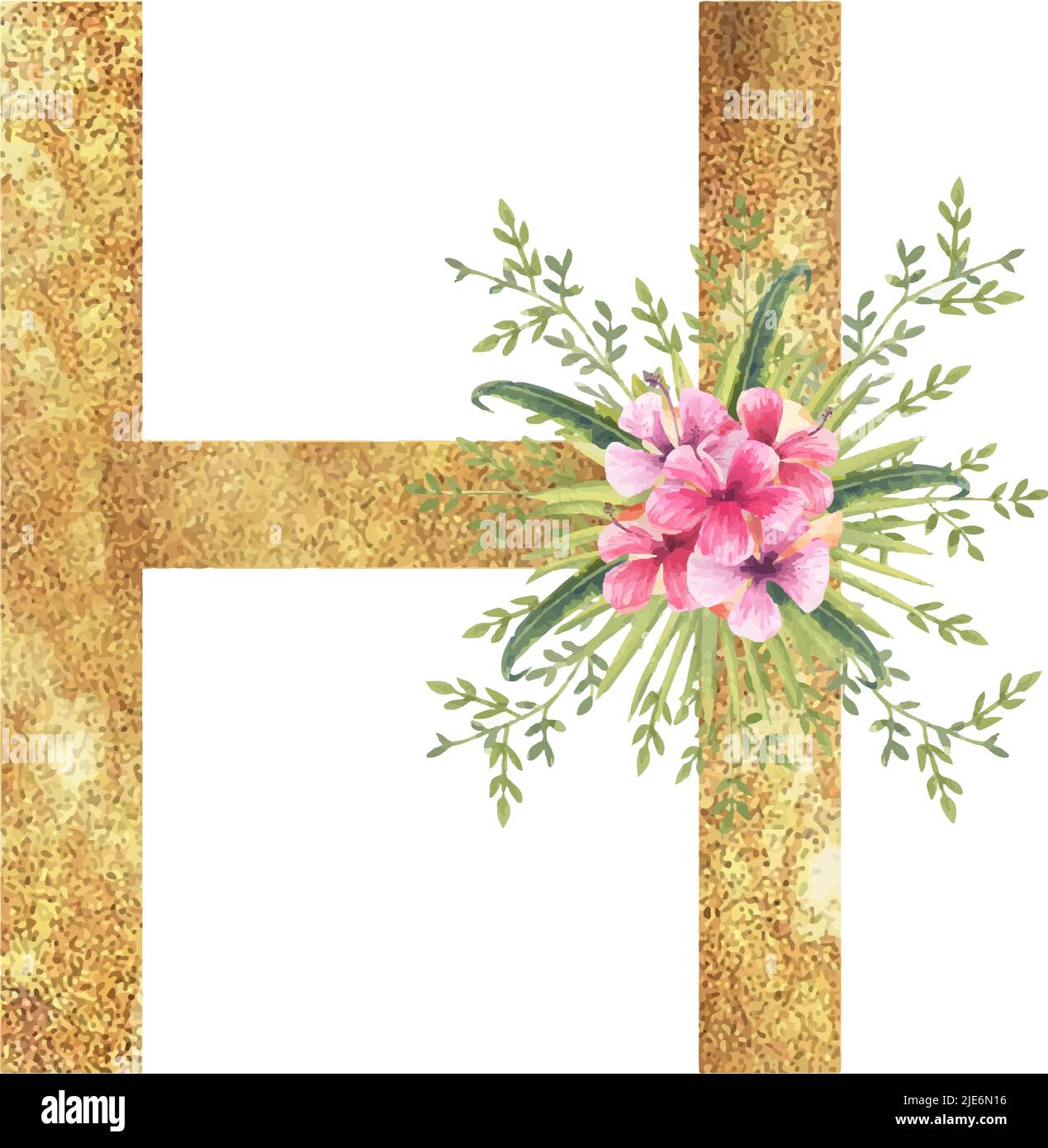 Golden letter H of the English alphabet with a watercolor bouquet of ...