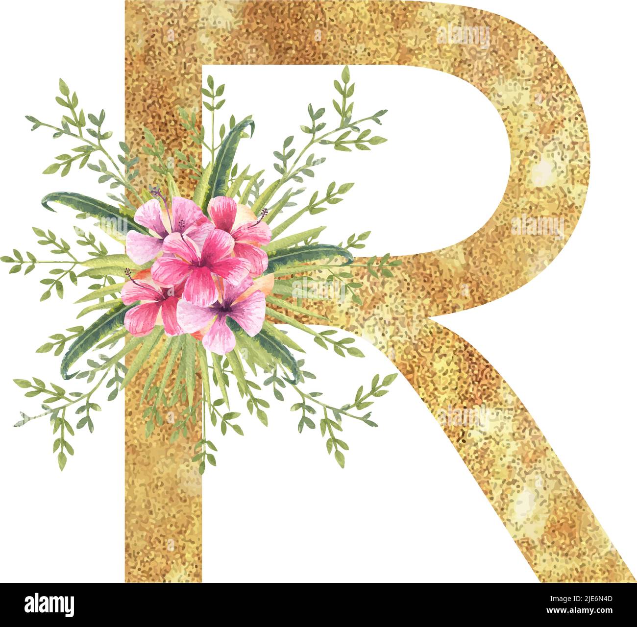 Golden letter R of the English alphabet with a watercolor bouquet of ...