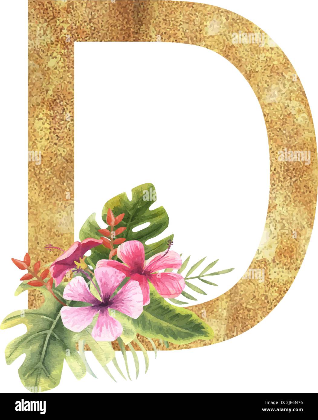 Golden letter D of the English alphabet with a watercolor bouquet of tropical leaves and flowers. Hand-drawn vector illustration. Stock Vector