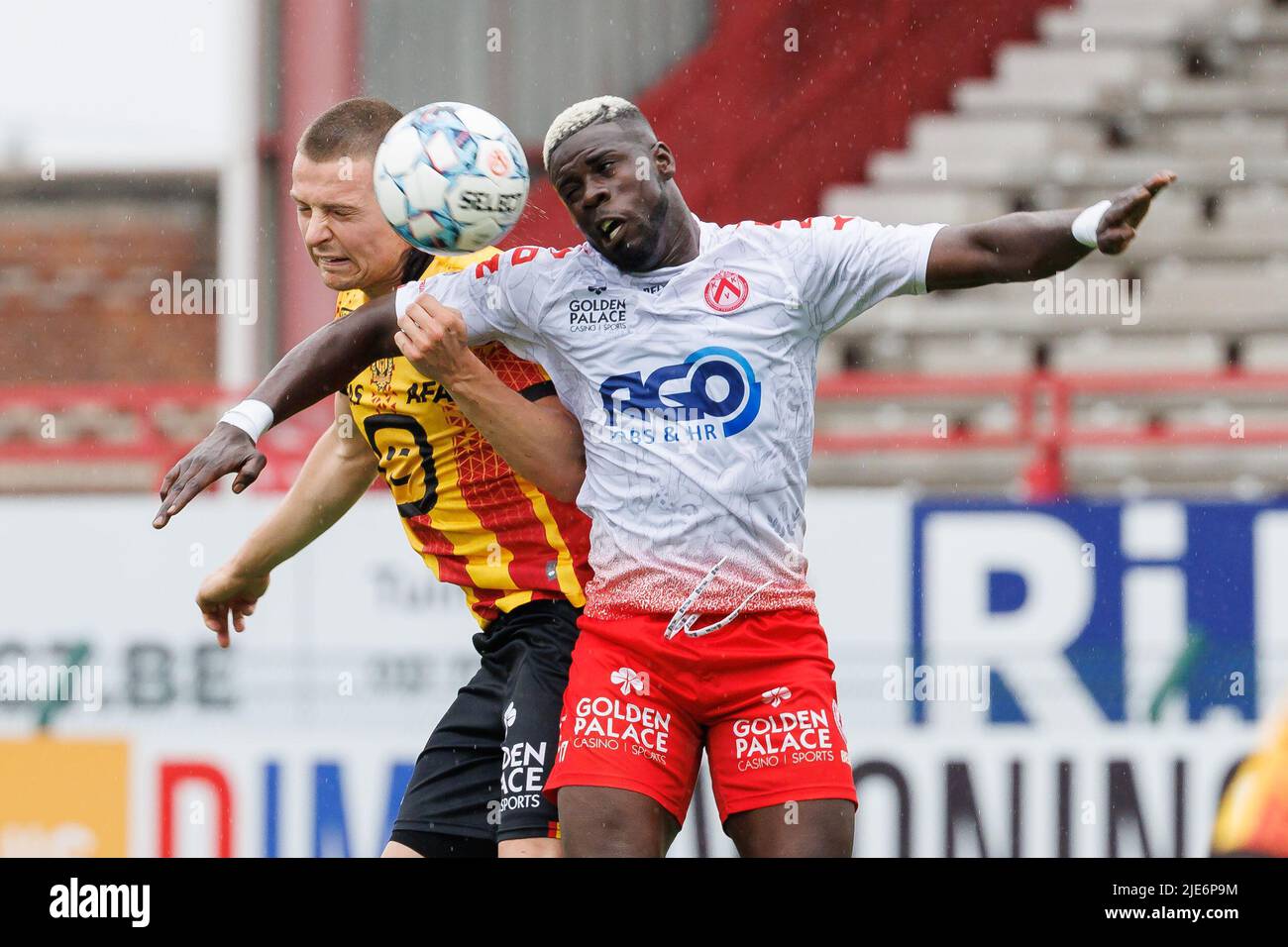 Mechelen's Dimitri Lavalee and Kortrijk's Pape Habib Gueye fight for the  ball during a friendly soccer match between Belgian Jupiler Pro League  teams KV Kortrijk and KV Mechelen, in Kortrijk, Saturday 25